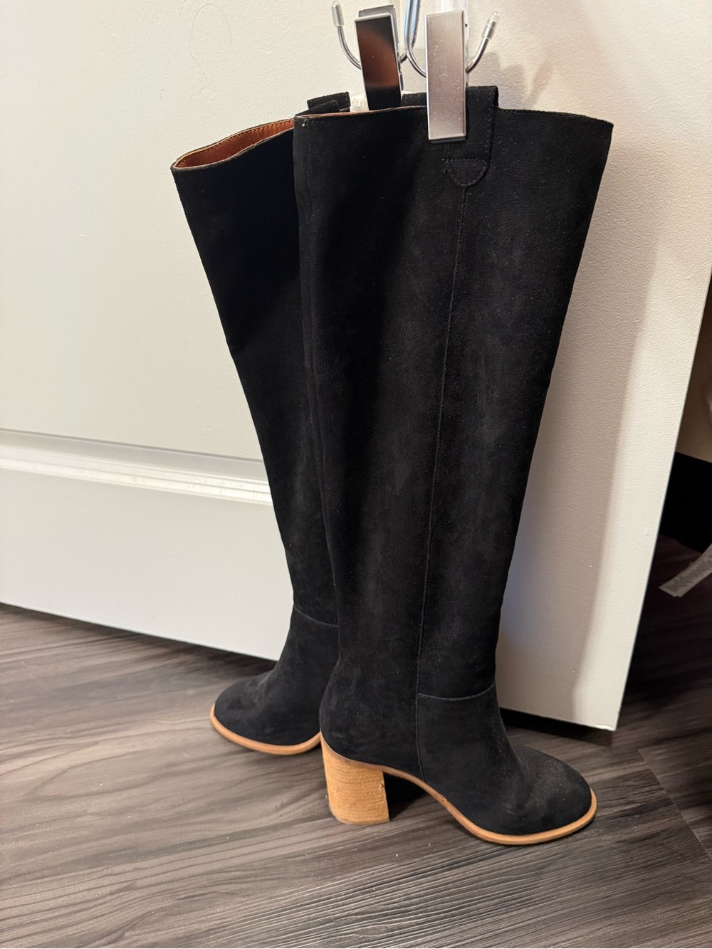 Vici Black Suede Knee-High Boots with Tan Block Heel 3.5 inch